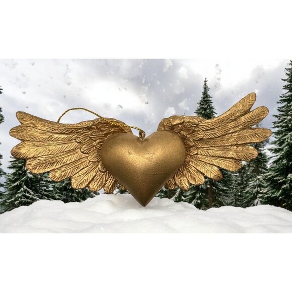Vintage Gold Heart With Wings Christmas Tree Ornament Love Romance - Picture 1 of 7